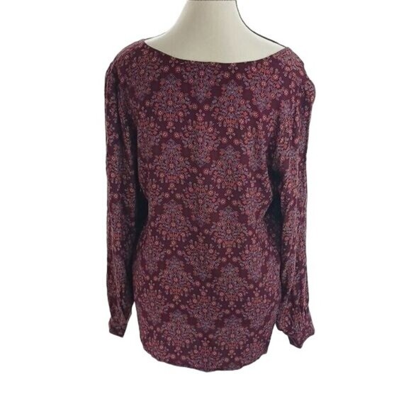 LOFT Burgundy Floral Print Blouse Womens Size S Long Sleeve Square Neck - Picture 5 of 7